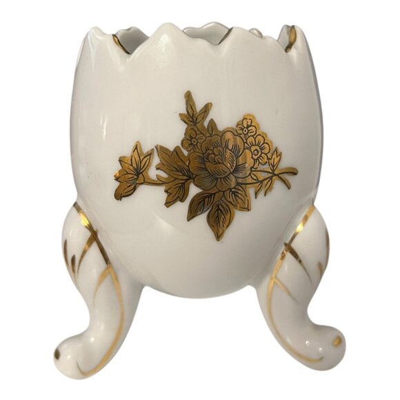 Vintage Napcoware Japan Porcelain Egg Shell Vase – Gold Floral Tripod Footed - Picture 3 of 6